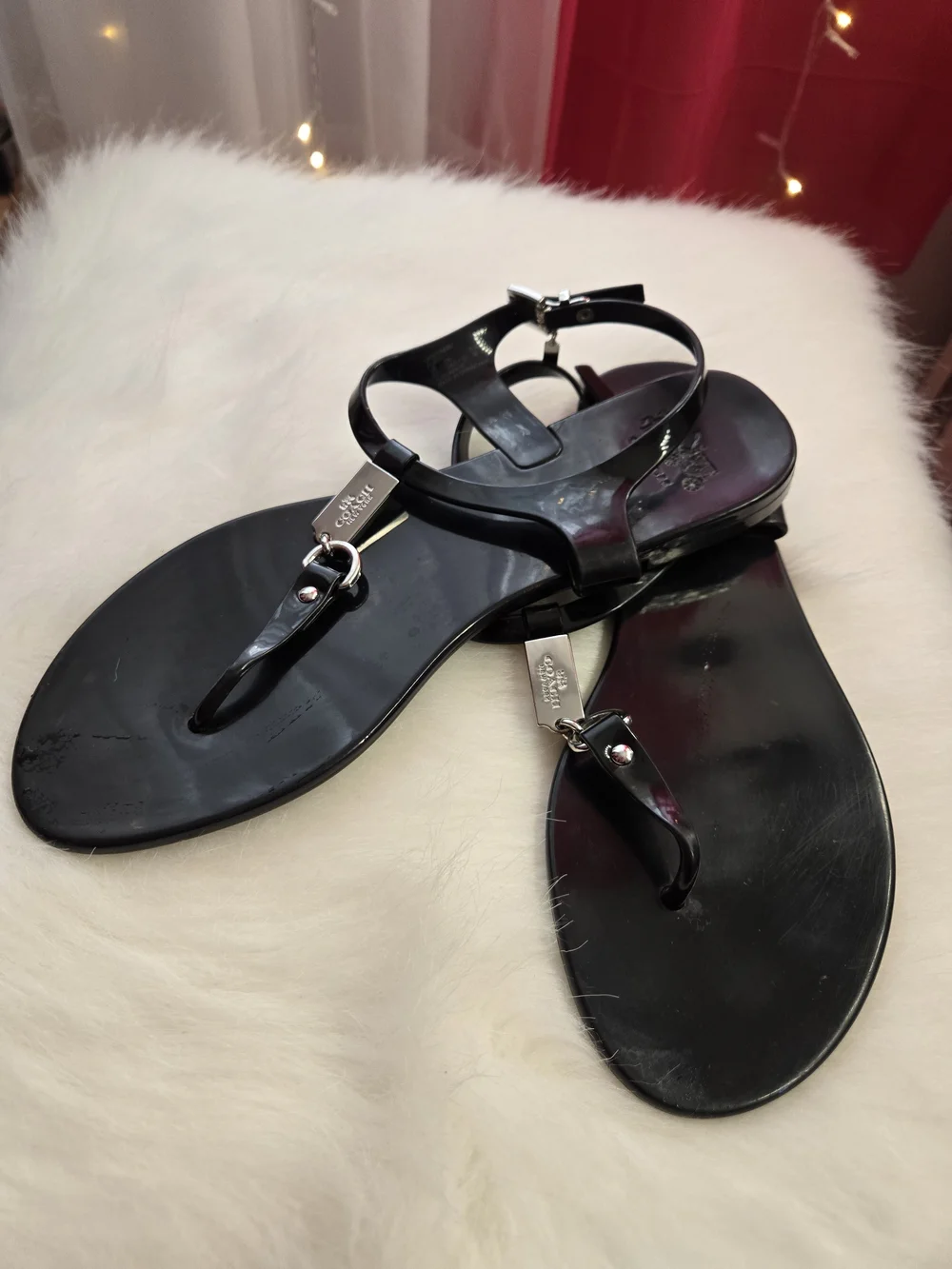 Coach Black Patent T-Strap Sandals with Silver Accents